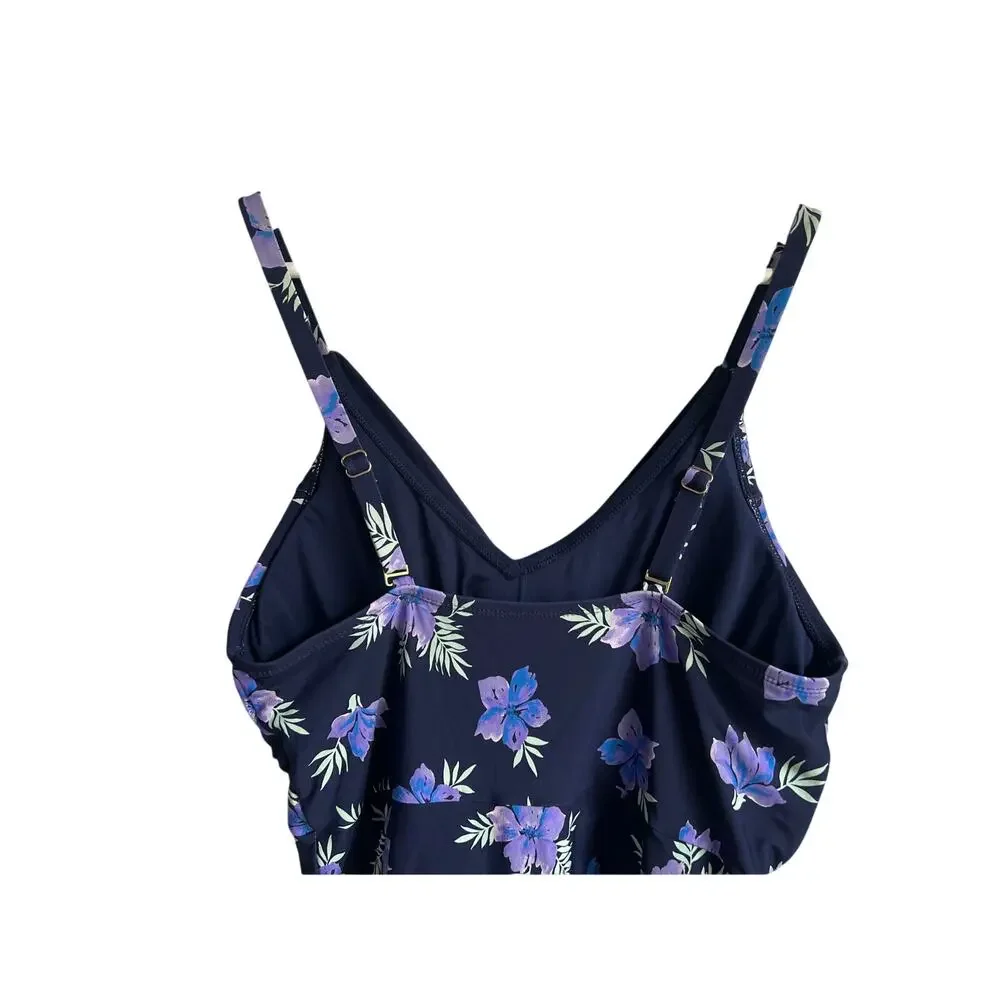 Lands' End Wmns XLARGE V-neck Tulip Wrap UPF 50 Swimsuit One Piece Navy Purple
